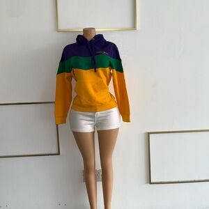 Colorful Hoodie with Yellow, Green, and Purple Stripes